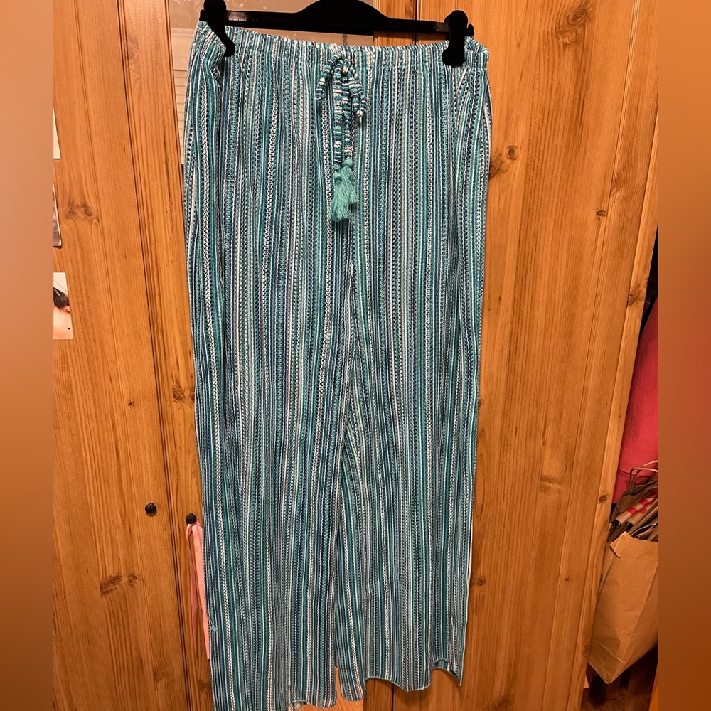 blue green and white beach coverup pants